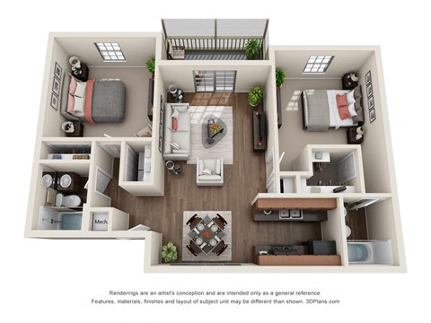 Floor plan for 2 beds, 2 baths, 1056 sqft